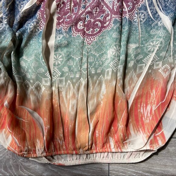 Impress Boho Print Dolman Sleeve Elastic Waist Hem Lightweight Blouse - Picture 8 of 16